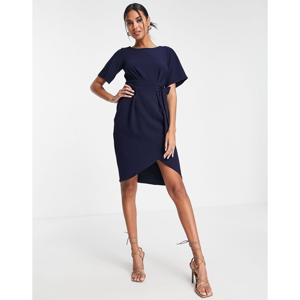 ASOS Closet London tie waist gathered pencil midi dress in navy